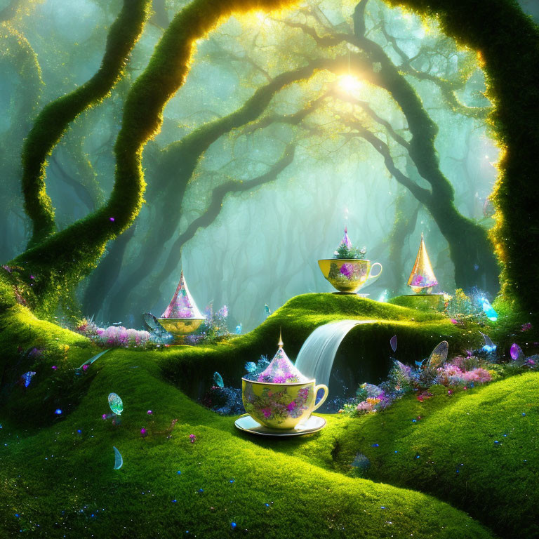 Enchanted forest with glowing mushrooms, waterfall, teacups, and magic liquid