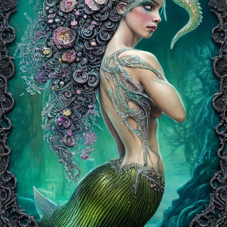 Mermaid digital art with ornate headpiece, metallic arms, and green tail in underwater scene