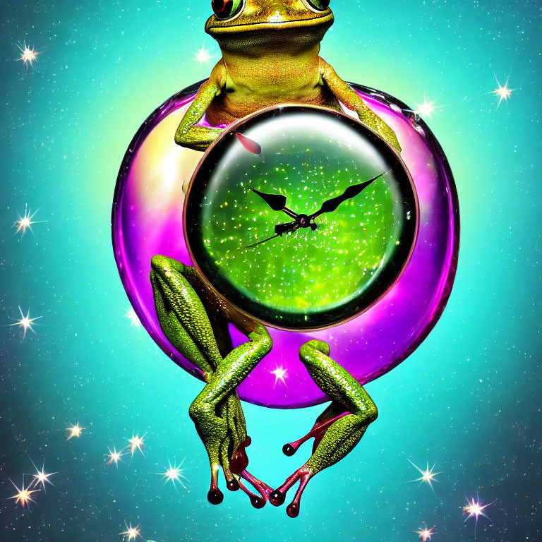 Whimsical frog holding a sparkling clock on teal background