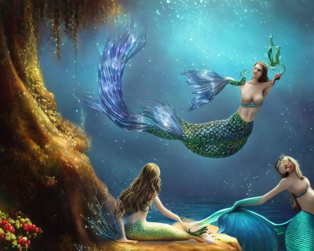 Three mermaids in a starlit underwater setting