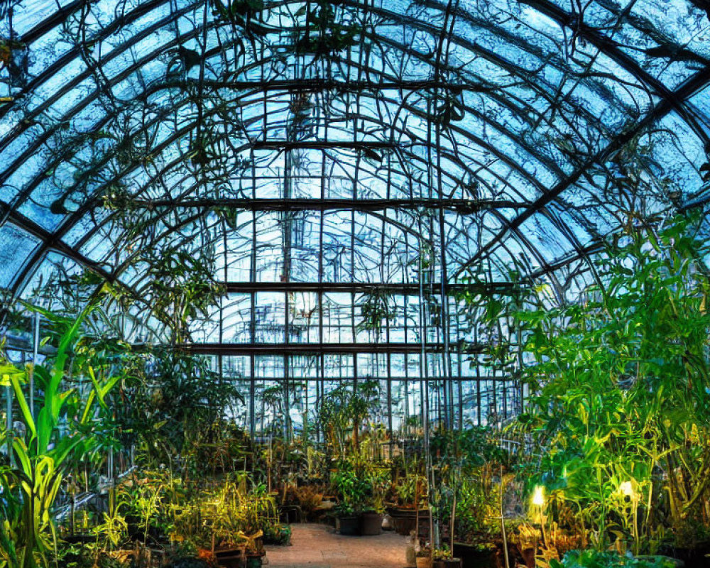 Greenhouse with Curved Glass Ceiling and Lush Green Plants at Dusk