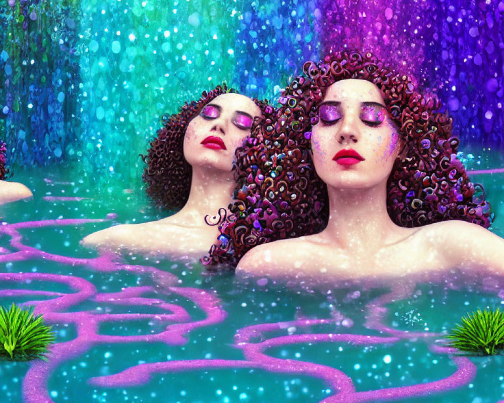 Surreal image of two women with curly dark hair in vibrant pond