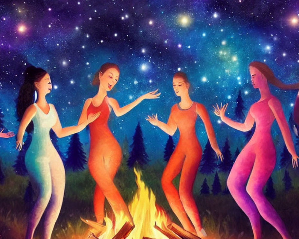 Stylized women dancing around campfire under starry sky