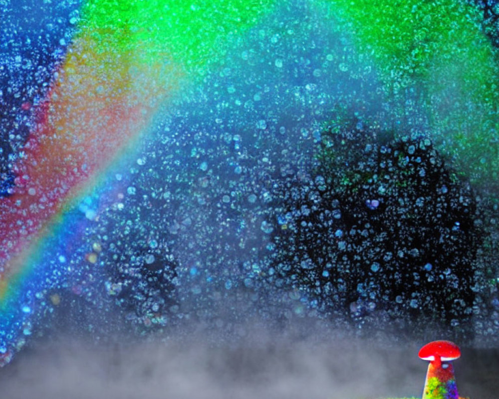 Colorful rainbow over mushroom in misty setting with water droplets