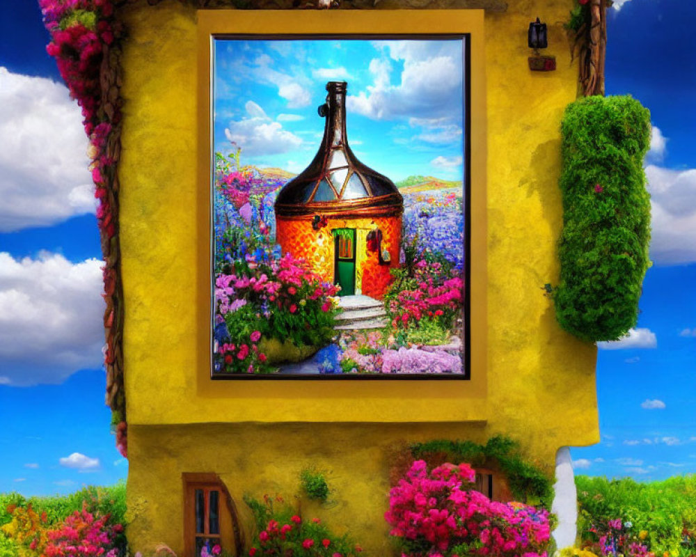 Colorful surreal artwork: Yellow house with floral frame leading to cottage and blooming flowers under blue sky