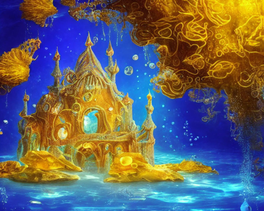 Golden structure in underwater scene with jellyfish and bubbles