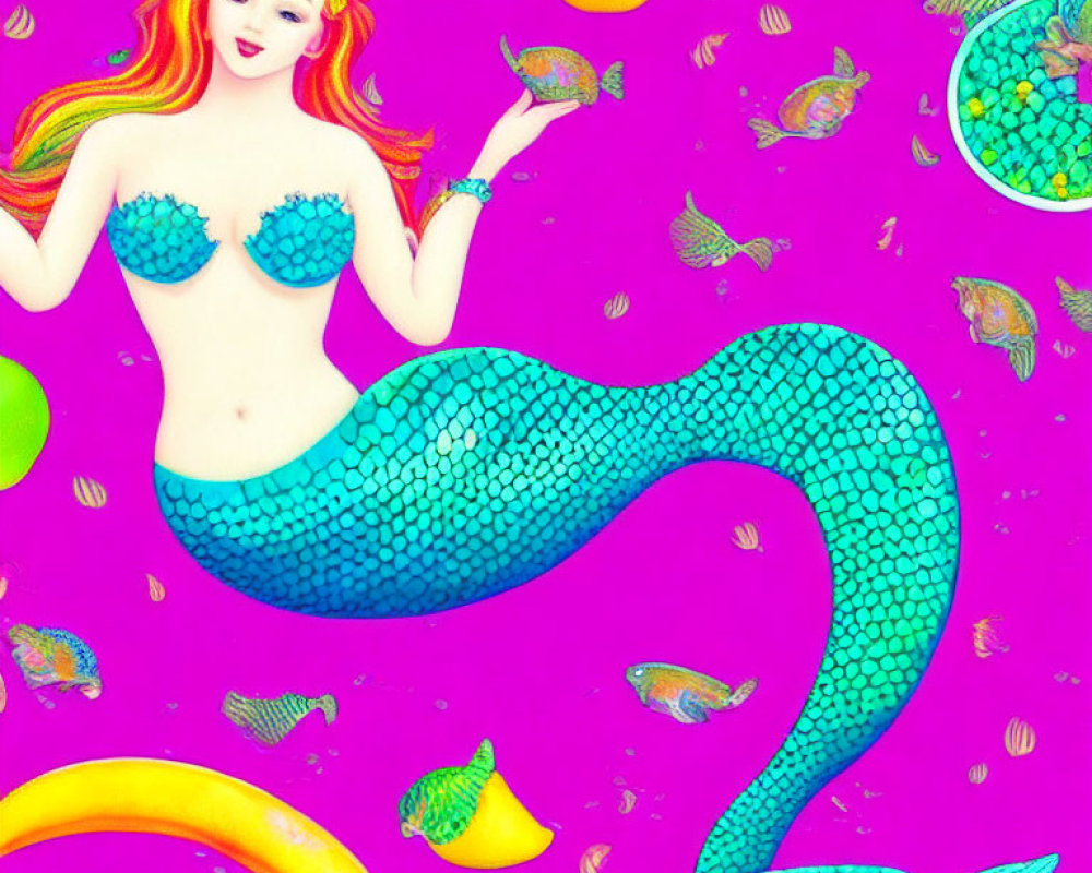 Colorful Mermaid Illustration with Red Hair and Teal Tail on Pink Background