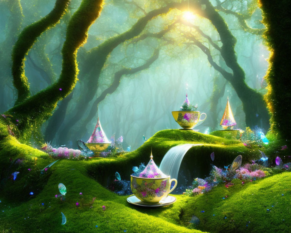 Enchanted forest with glowing mushrooms, waterfall, teacups, and magic liquid