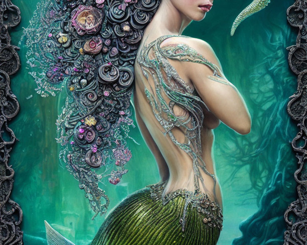 Mermaid digital art with ornate headpiece, metallic arms, and green tail in underwater scene