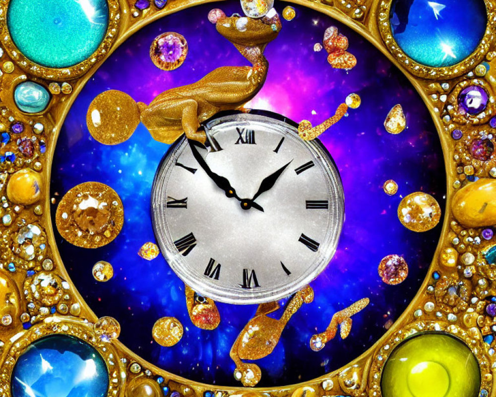 Colorful Collage of Clock Face with Gems and Cosmic Elements