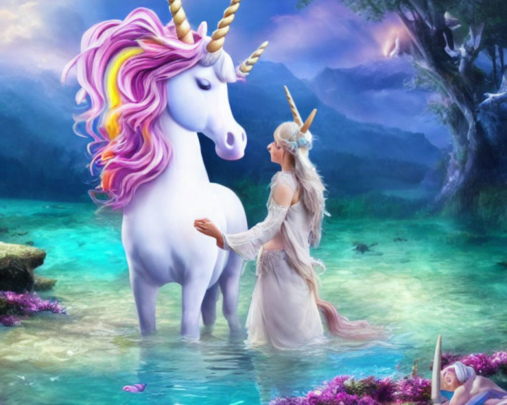 Woman and unicorn in serene water with vivid colors and enchanted forest.