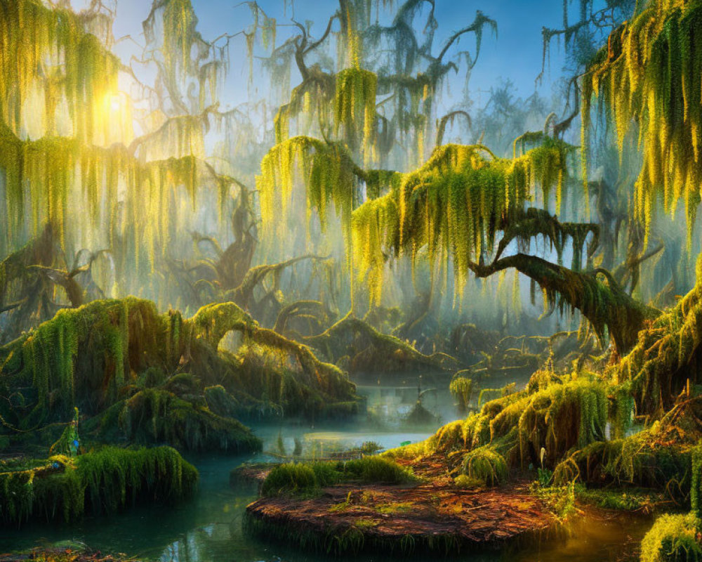 Mystical swamp with moss-covered trees and serene water