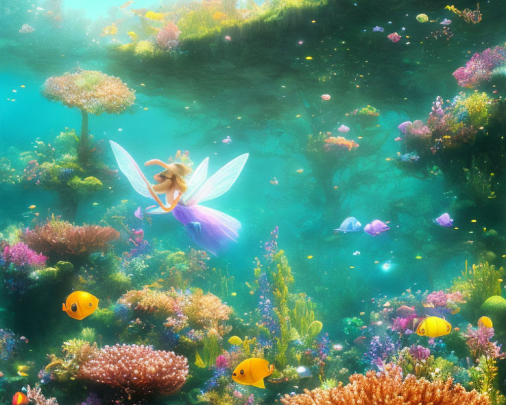 Colorful Underwater Scene with Corals, Fish, and Glowing Fairy