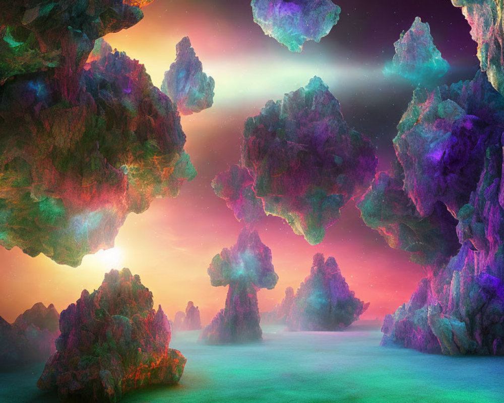 Colorful Rock Formations in Fantastical Landscape with Starry Sky and Aurora Lights