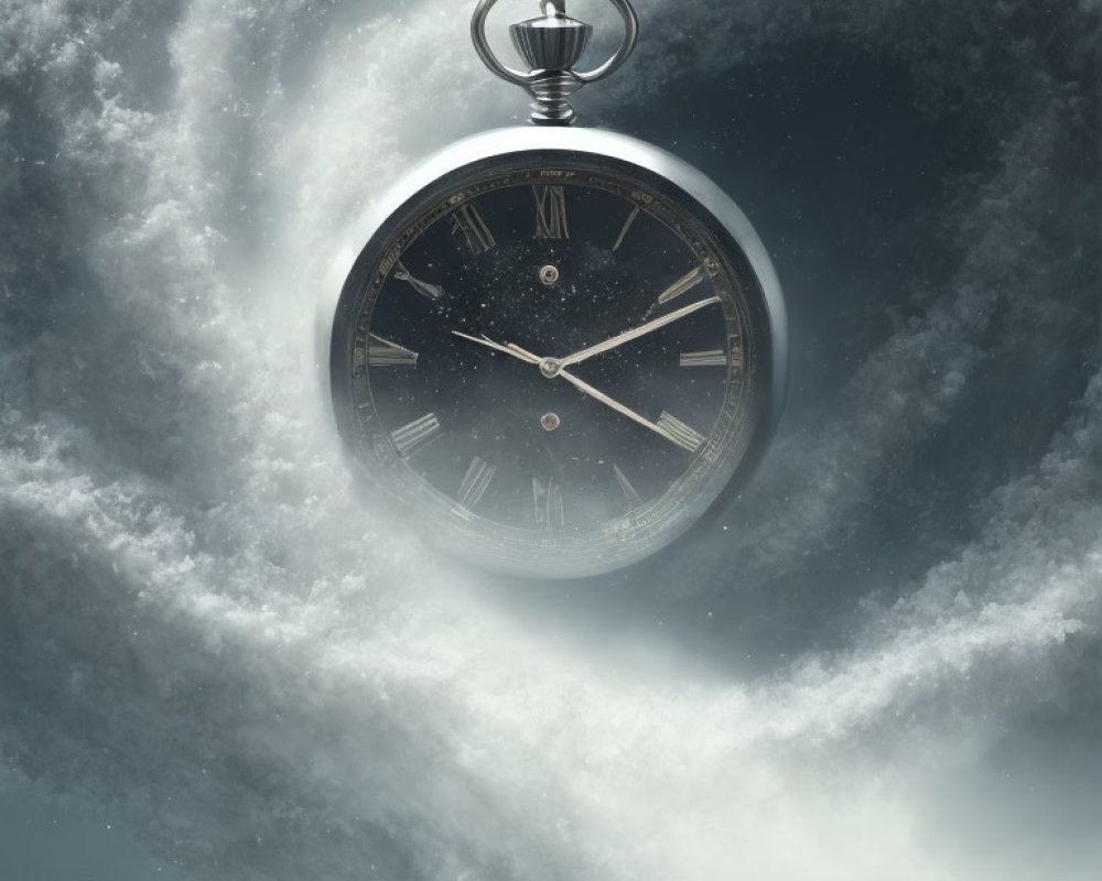 Roman Numerals Pocket Watch Floating in Dreamy Space Setting