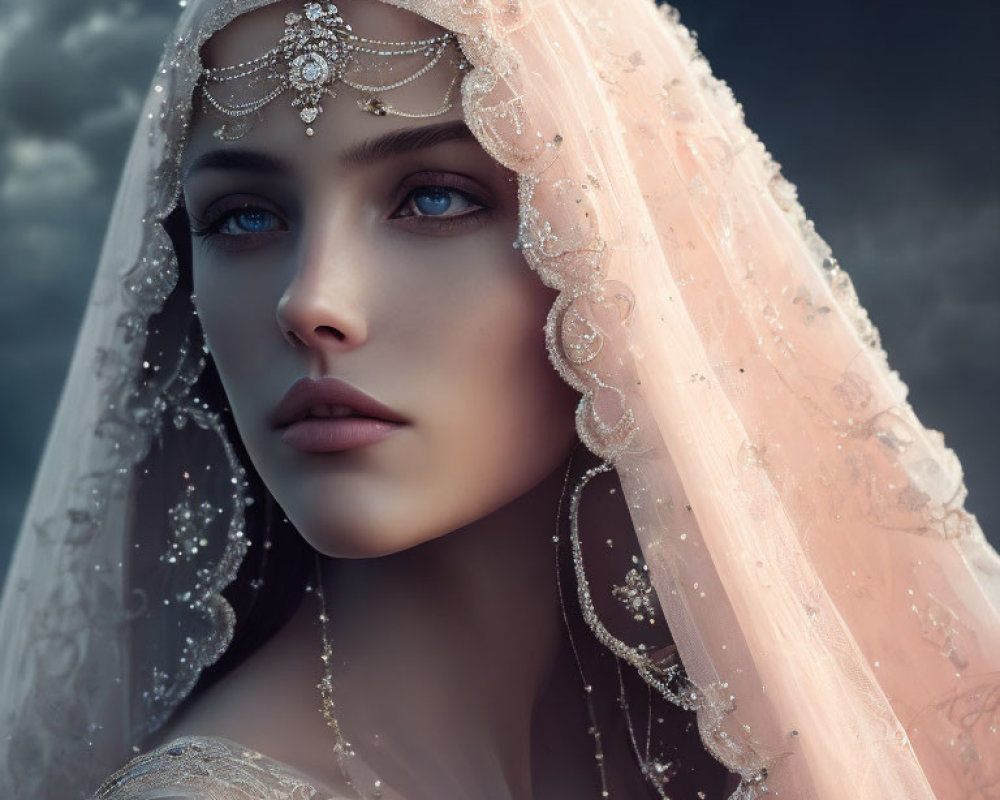 Blue-eyed woman in beaded veil against moody sky