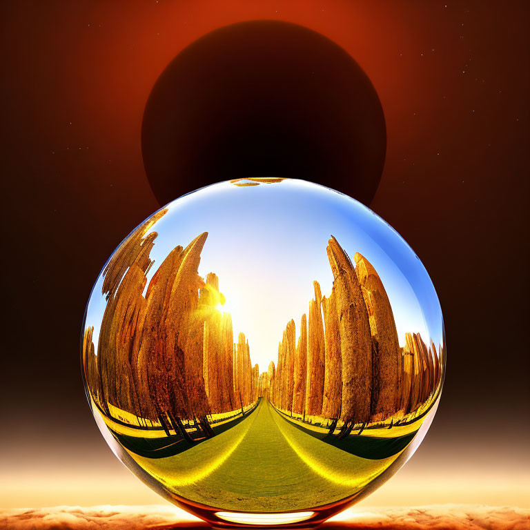 Crystal ball showing tree-lined path, sunset sky, and looming dark planet