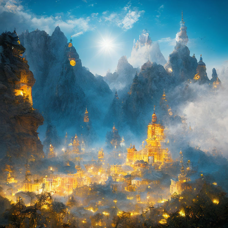 Majestic fantasy landscape with golden temples and misty mountains