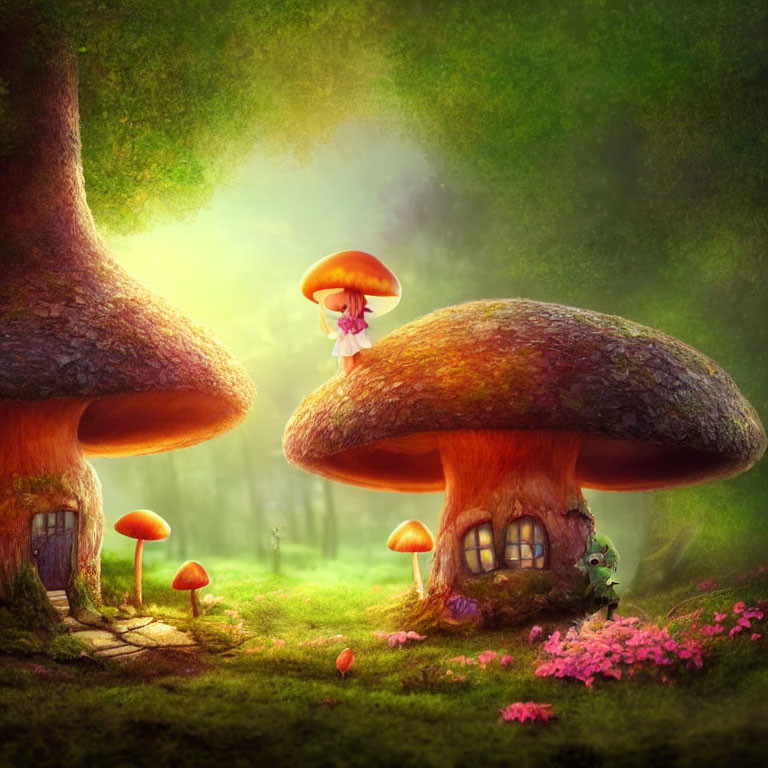 Verdant forest setting with oversized mushrooms and tiny figure