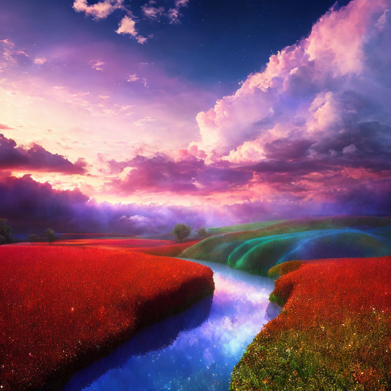 Colorful Rolling Hills and Magical River under Starry Sky