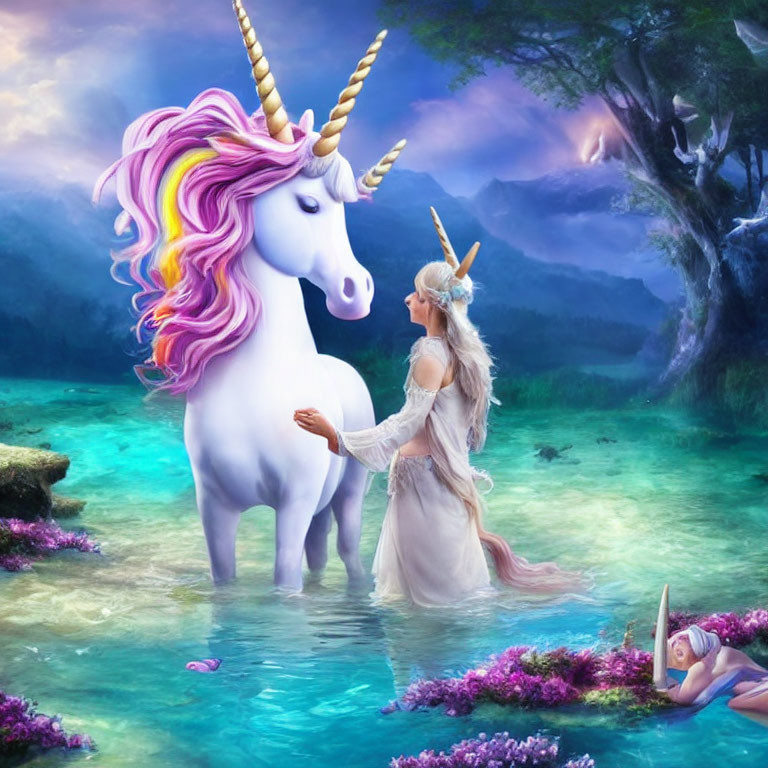 Woman and unicorn in serene water with vivid colors and enchanted forest.