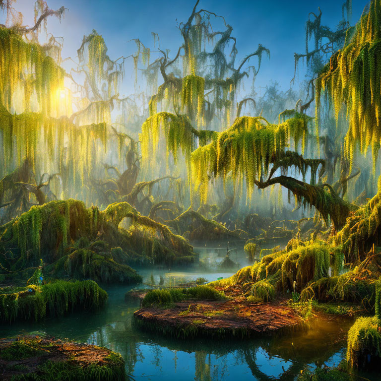 Mystical swamp with moss-covered trees and serene water