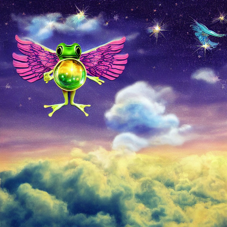 Colorful illustration of a frog with pink wings and crystal belly in a vibrant sky with clouds, stars