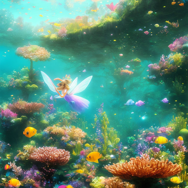 Colorful Underwater Scene with Corals, Fish, and Glowing Fairy