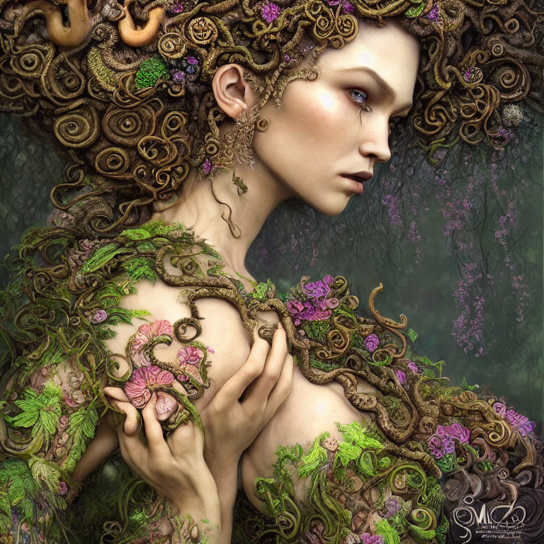 Fantastical female figure with vine-like hair and foliage intertwining shoulders.