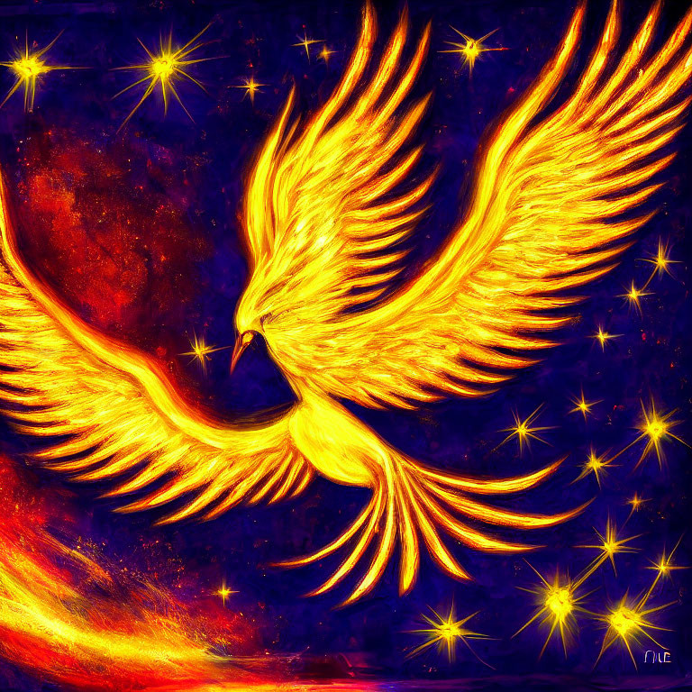 Golden phoenix soaring in cosmic starry sky art