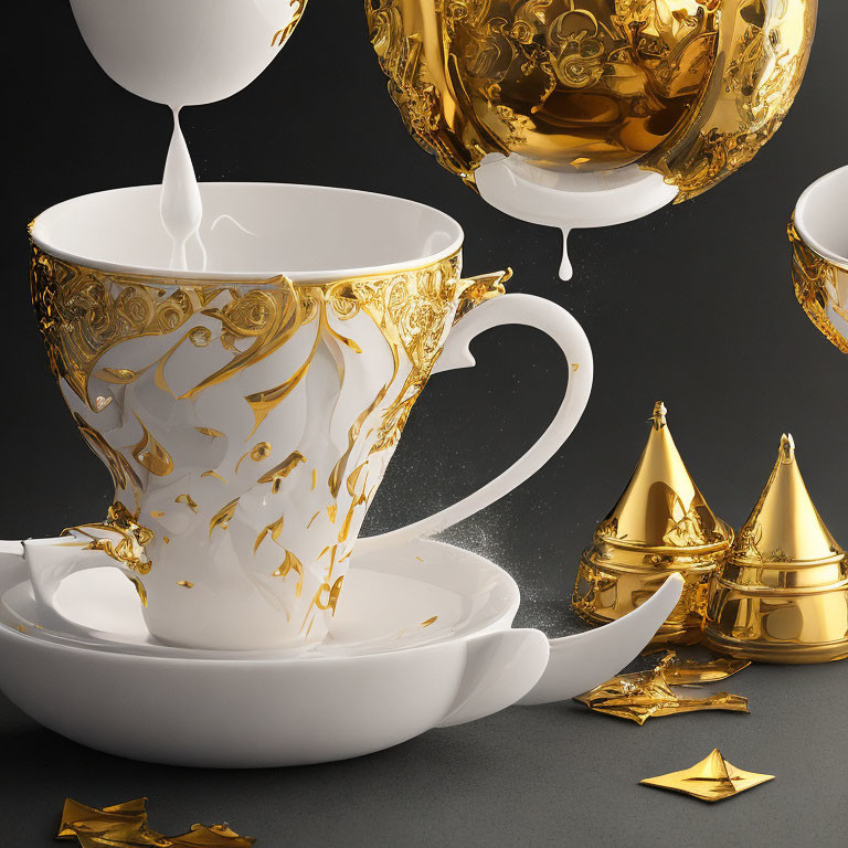 Elegant White and Gold Porcelain Tea Set with Milk Splash on Dark Background