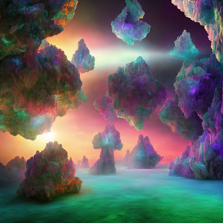 Colorful Rock Formations in Fantastical Landscape with Starry Sky and Aurora Lights