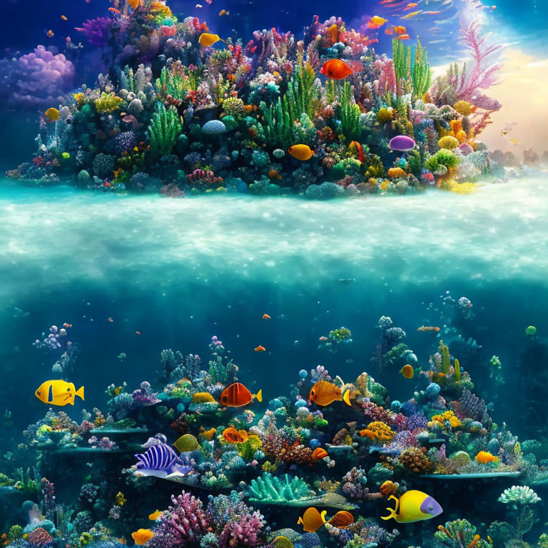 Colorful Coral Reef with Tropical Fish Underwater