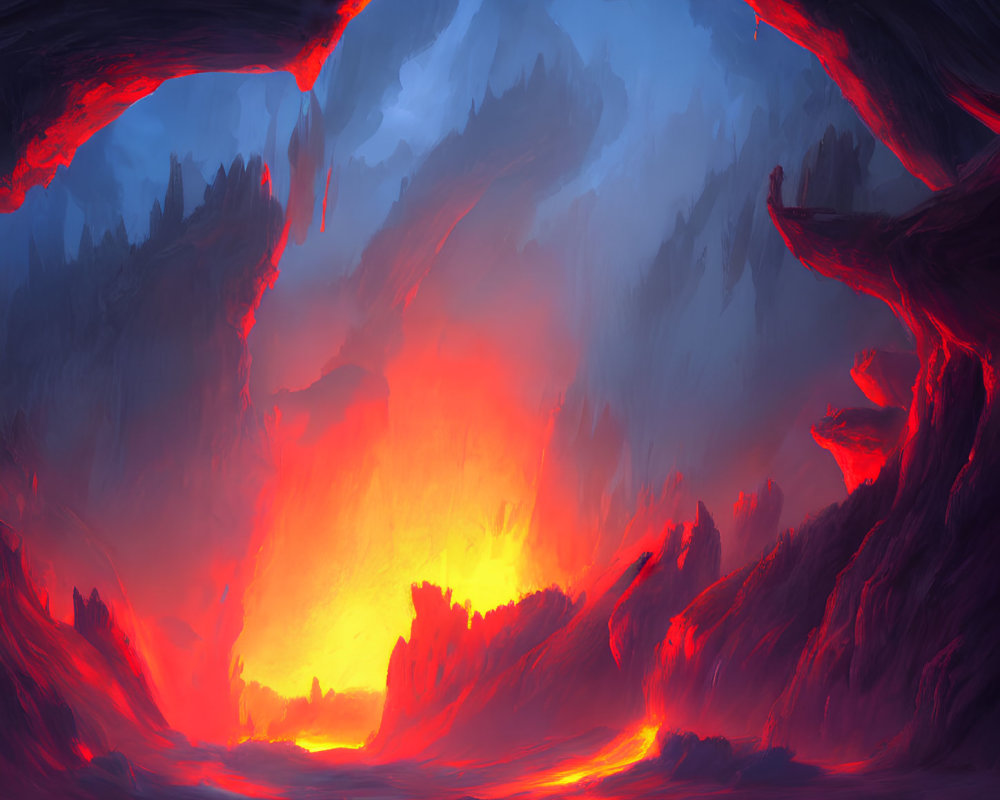 Volcanic landscape with fiery glow and heart-shaped cliffs