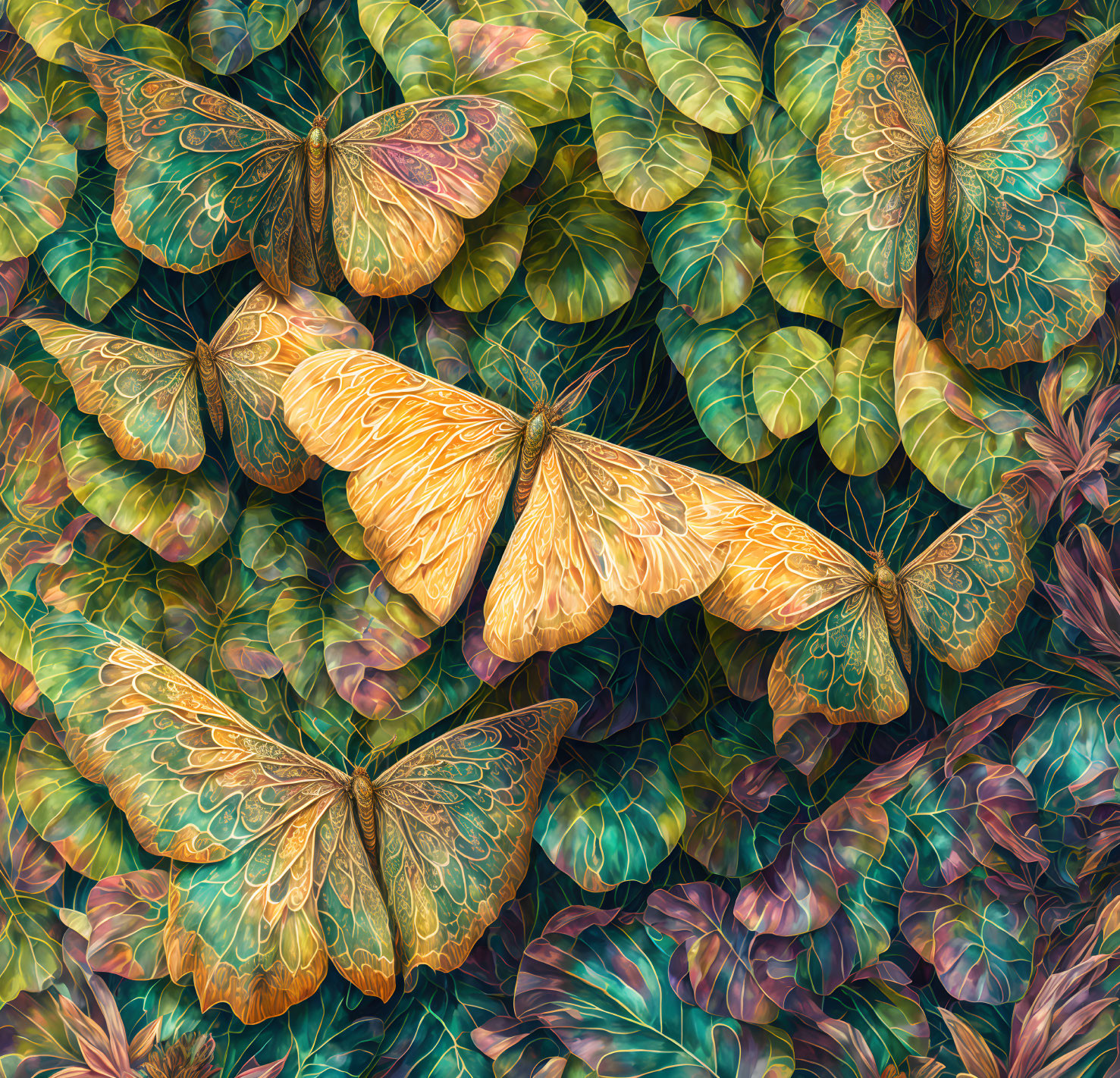 Colorful Butterflies with Detailed Wing Patterns on Lush Leaves