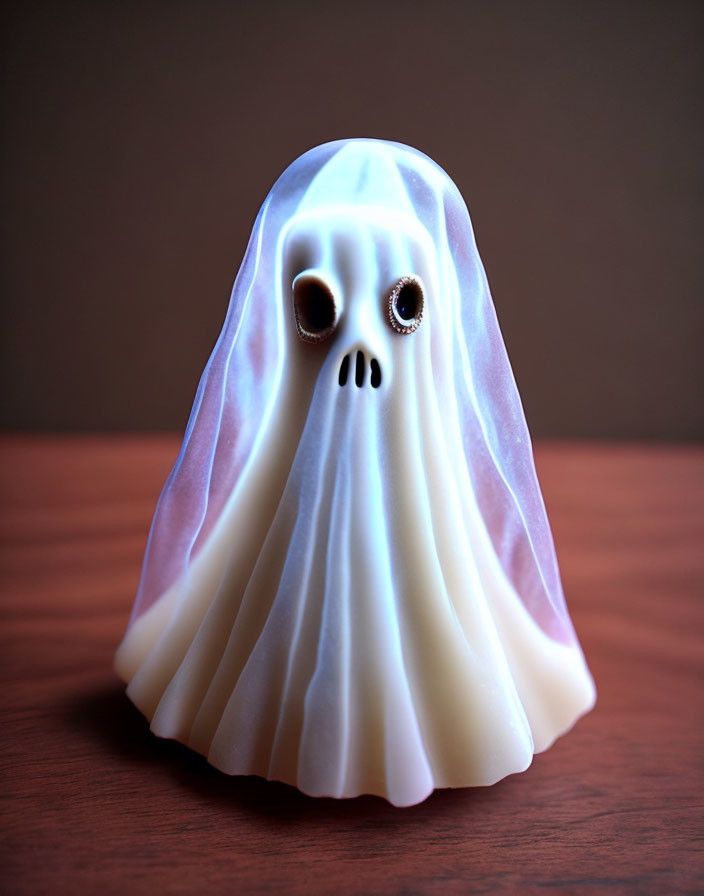 Ghost figurine with white sheet and black eyes on wooden surface