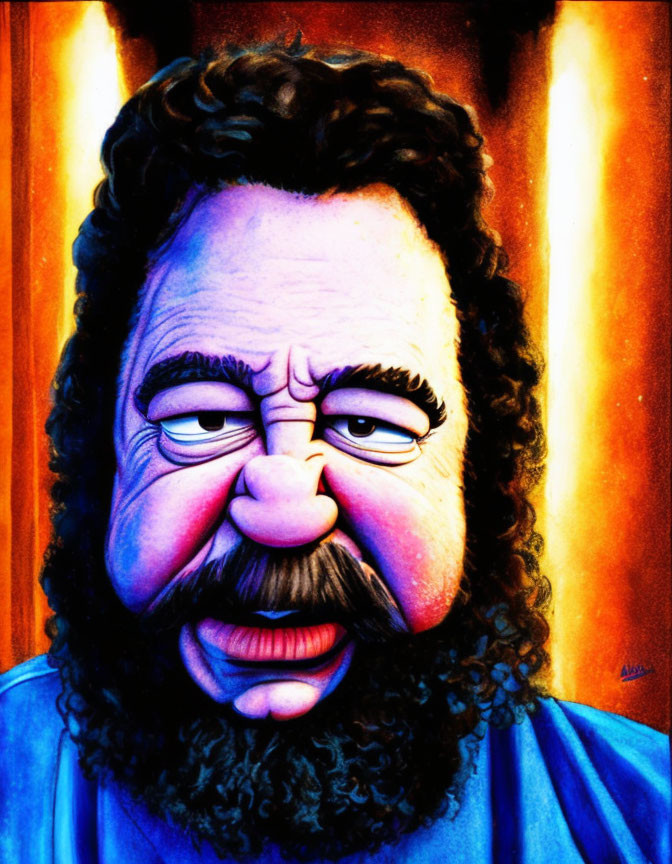 Vibrant caricature of a man with beard and bushy eyebrows