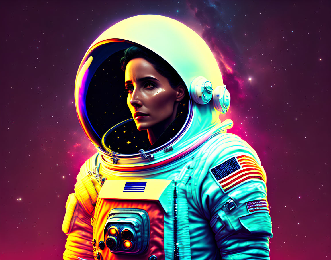 Vivid neon-colored astronaut art against cosmic backdrop