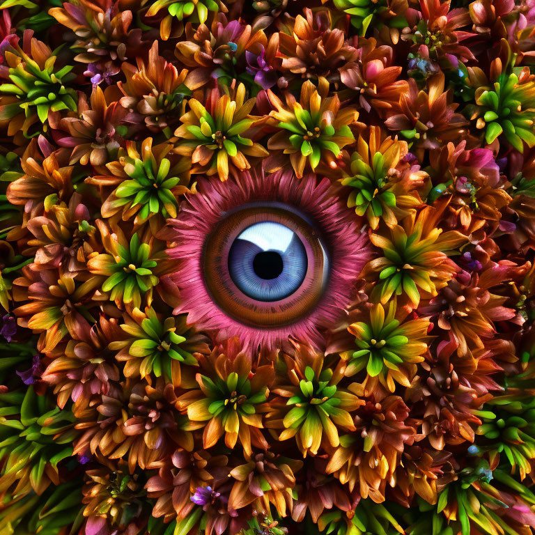 Colorful surreal image: Human eye amidst vibrant flowers