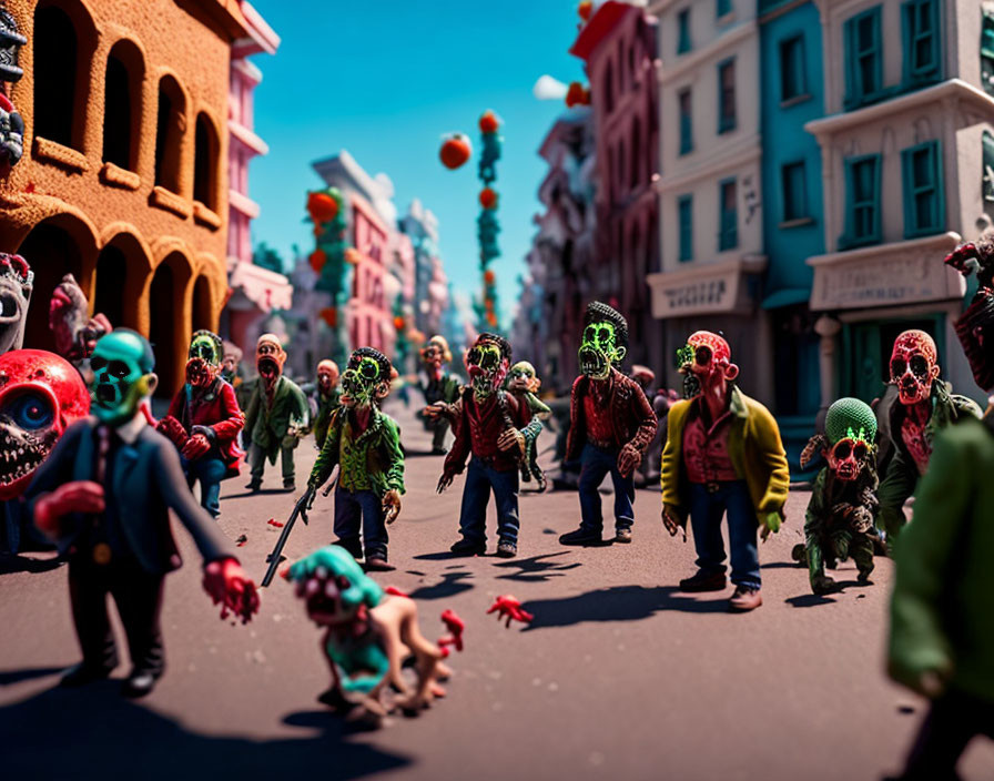 Detailed miniature zombie figures in a model town street scene.