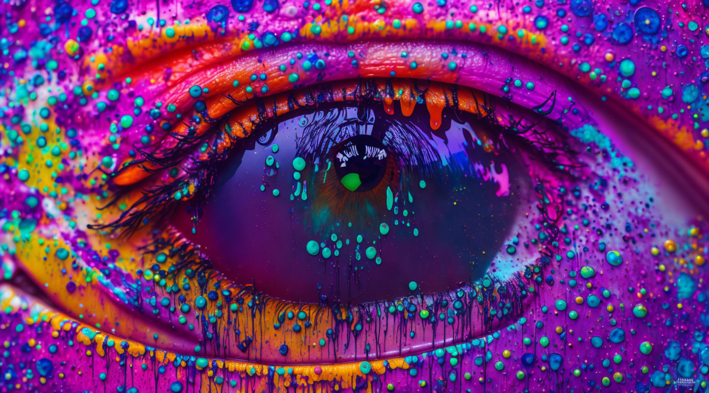 Colorful eye with vibrant painted eyelids and water beads.