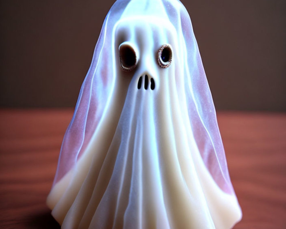 Ghost figurine with white sheet and black eyes on wooden surface