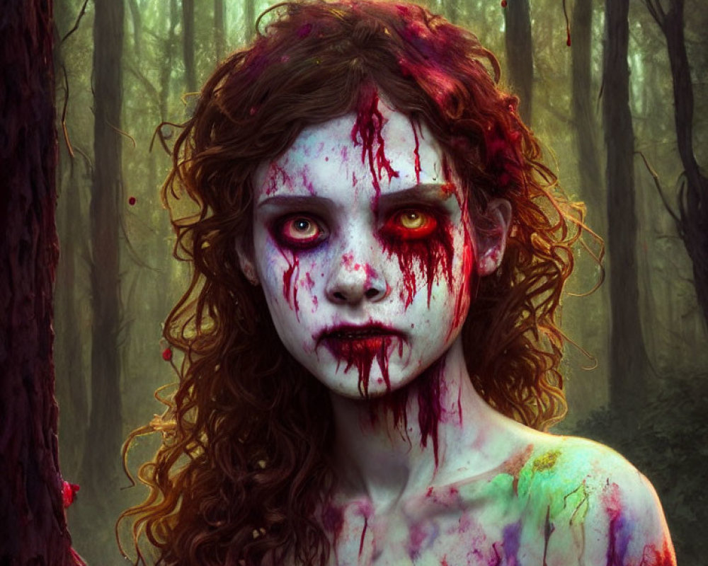 Creepy girl with blood-stained face in dark forest landscape