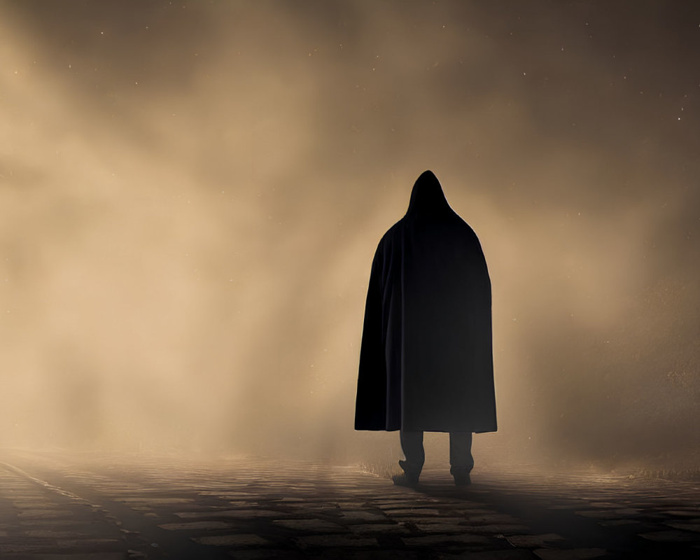 Cloaked Figure on Cobblestone Path Under Moonlit Sky