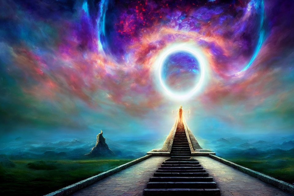 Person on Stone Bridge Under Vibrant Cosmic Sky with Circular Portal
