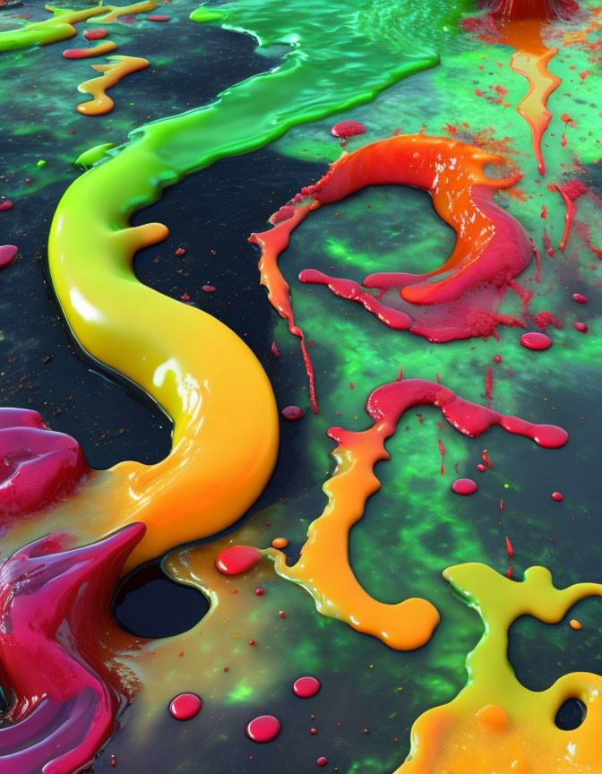 Colorful liquid splashes on glossy black background