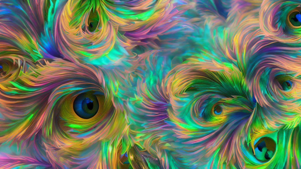 Vibrant Feather-Like Patterns in Blue, Green, Pink, and Yellow with Realistic Eyes