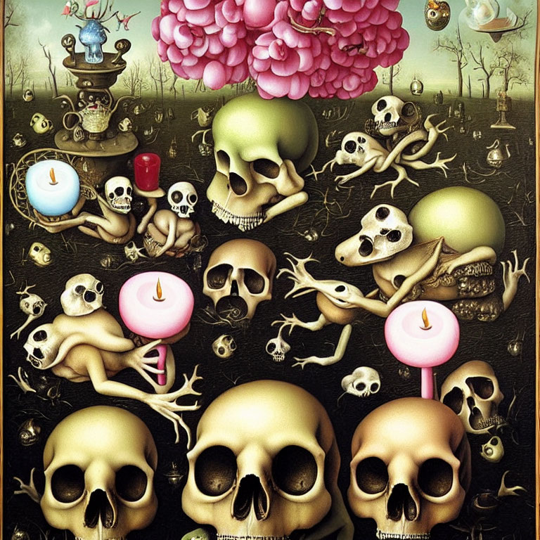 Surreal landscape featuring skulls, candles, trees, and pink cloud