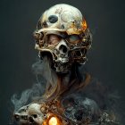 Illustration of humanoid with exposed skull and yellow eyes holding flame on dark background