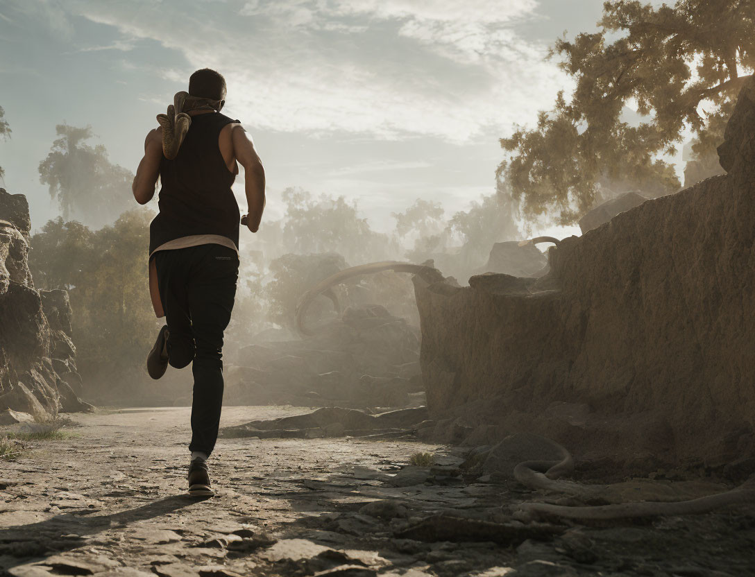 Dramatic scene: Man running on dusty trail with sunlight through trees